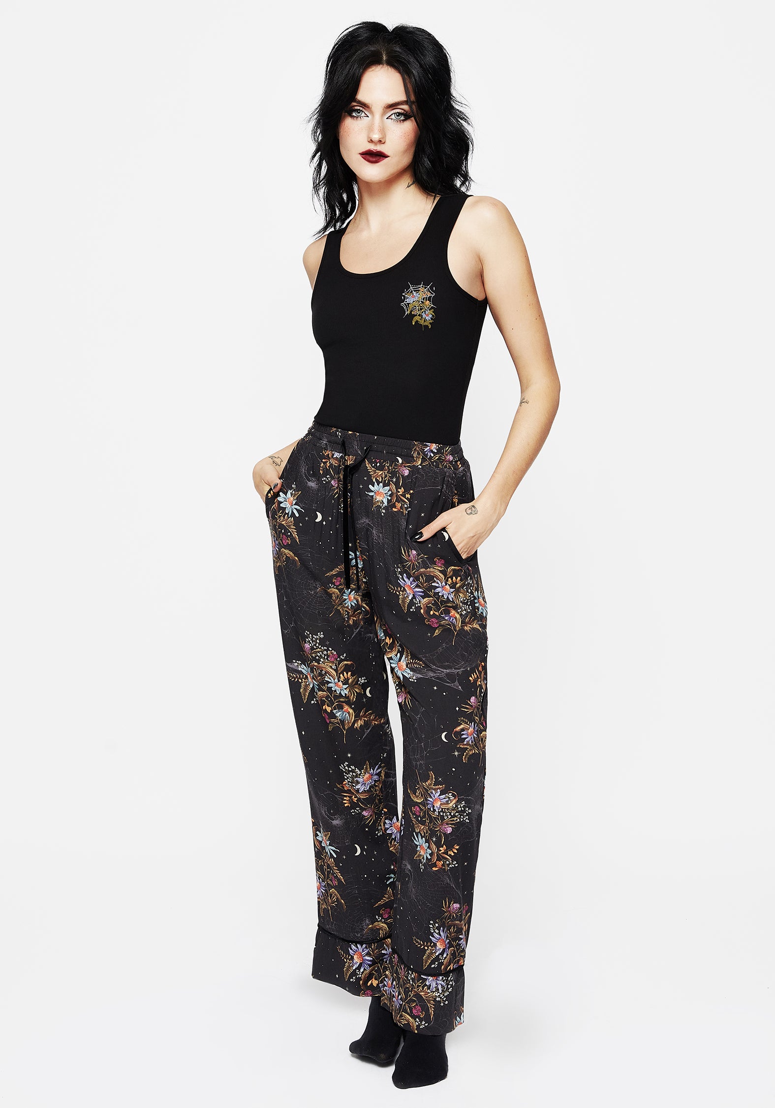 Floral Spiderweb Pajama Pants with Pockets & Waist Ties | Cleome