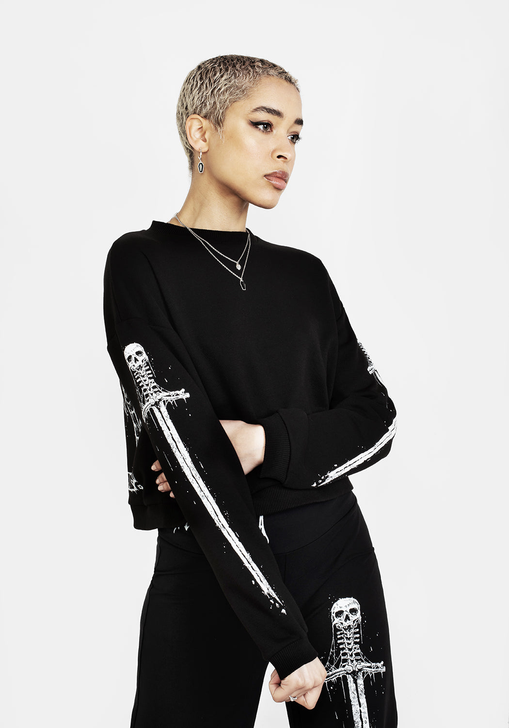 Black Graphic Crop Sweater with Long Sleeves | Disturbia x Mark Riddick