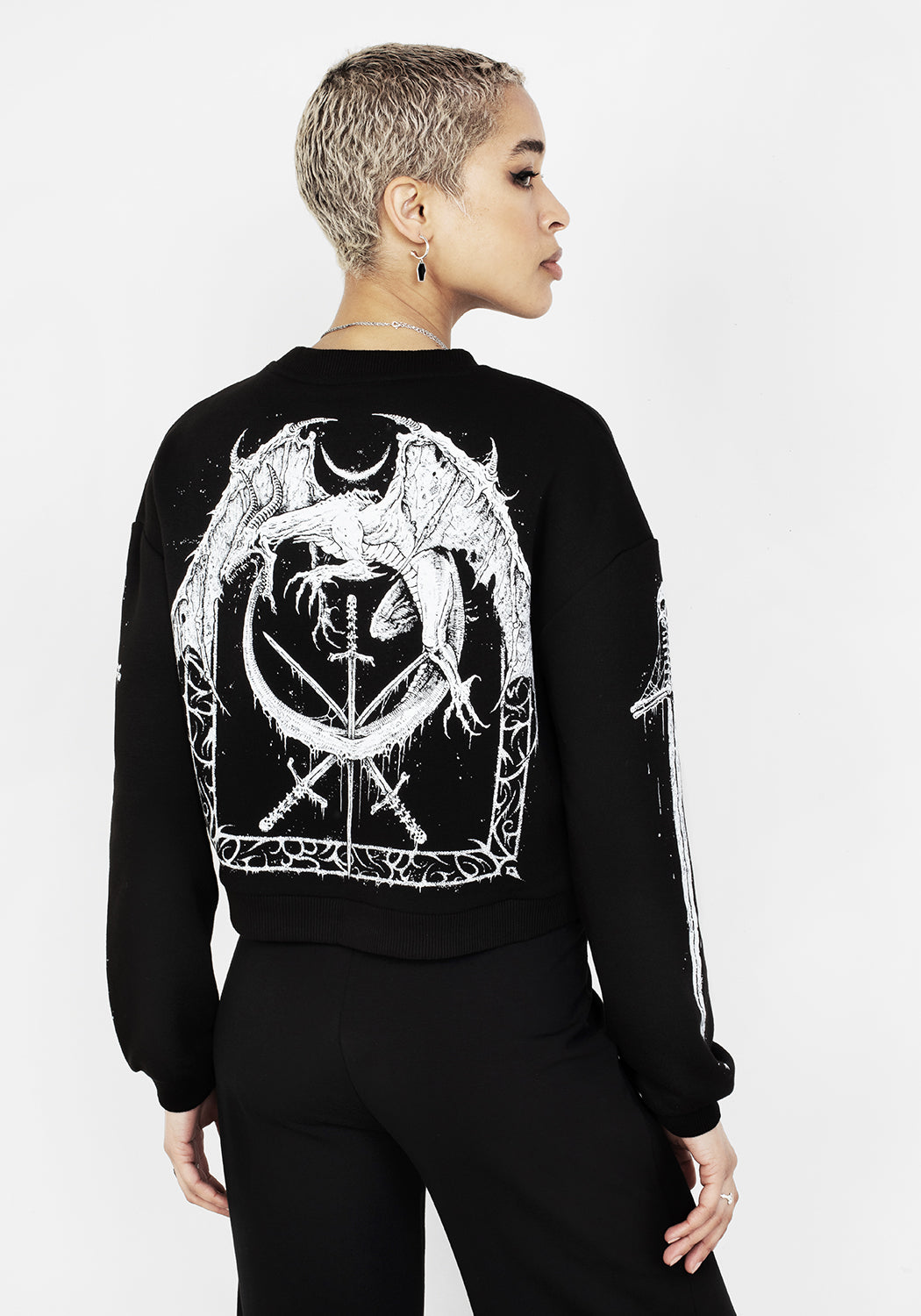 Black Graphic Crop Sweater with Long Sleeves | Disturbia x Mark Riddick