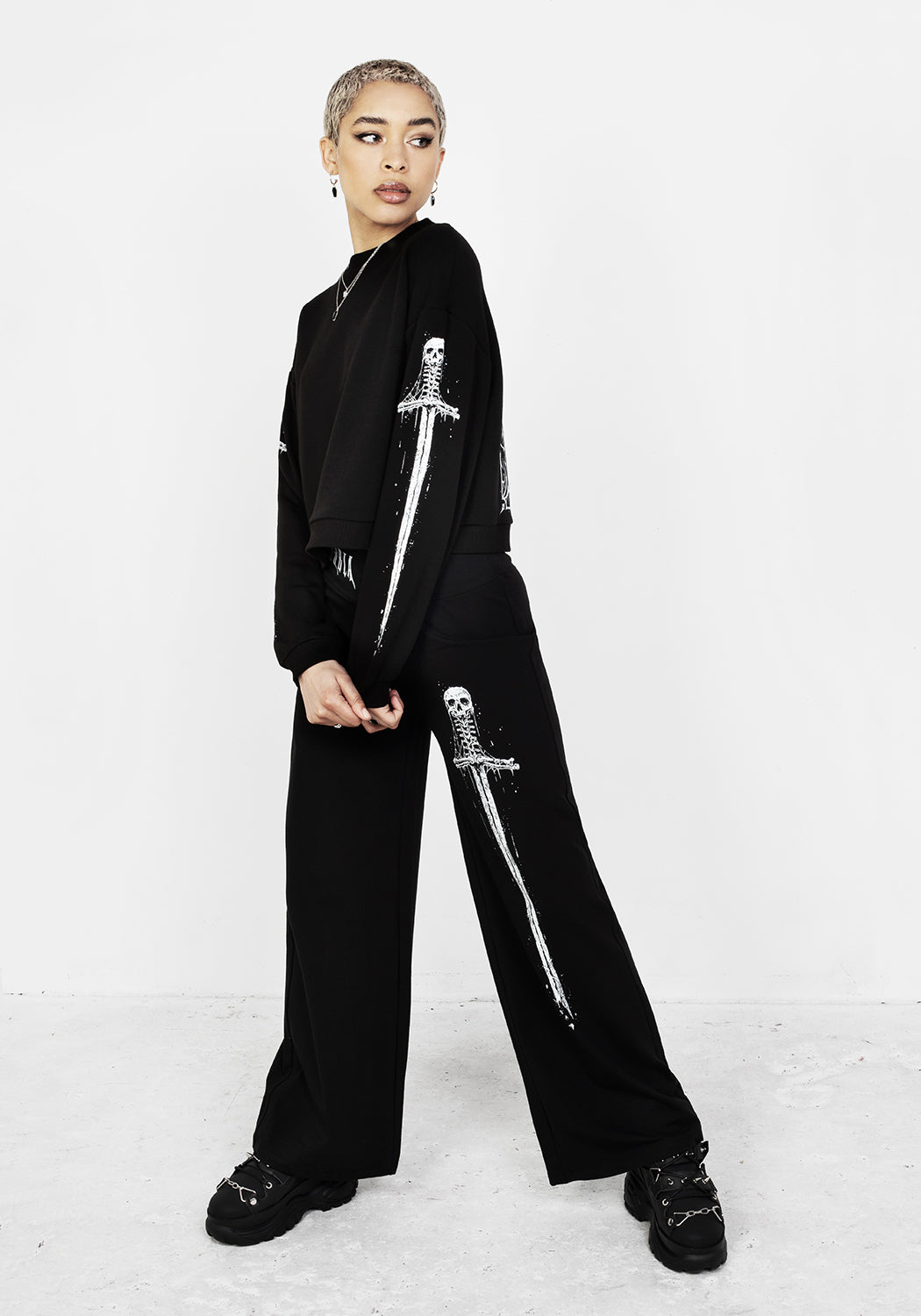 Black Graphic Crop Sweater with Long Sleeves | Disturbia x Mark Riddick