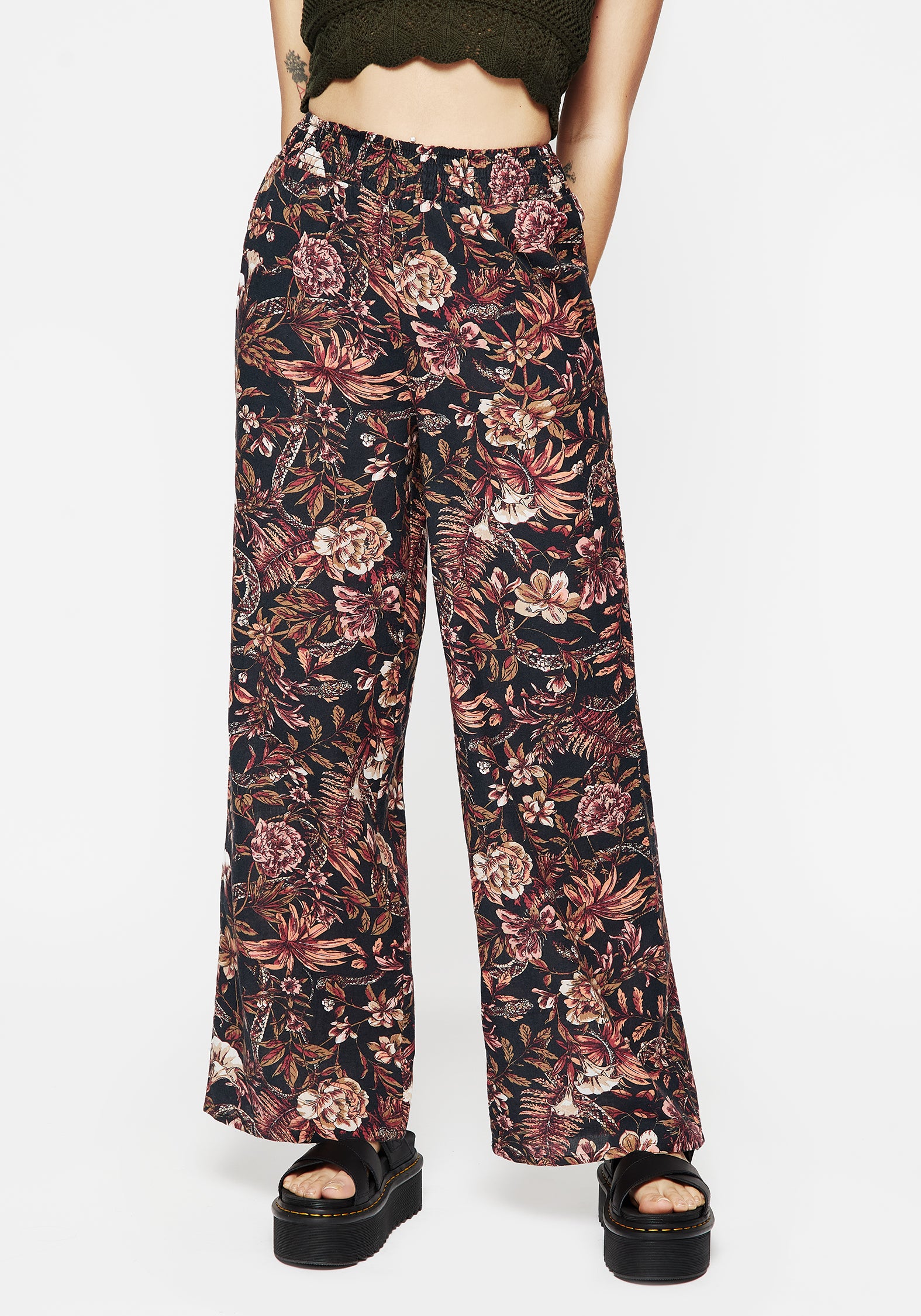 Floral Snake Print Wide Leg Trousers | High Waisted & Elasticated | Bashe Cotton