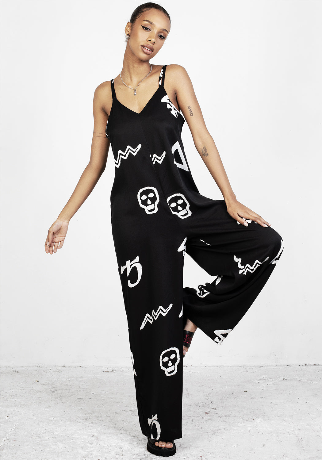Black Sleeveless Jumpsuit with Alchemic Print | Relaxed Fit & Rayon Fabric | Alchemy