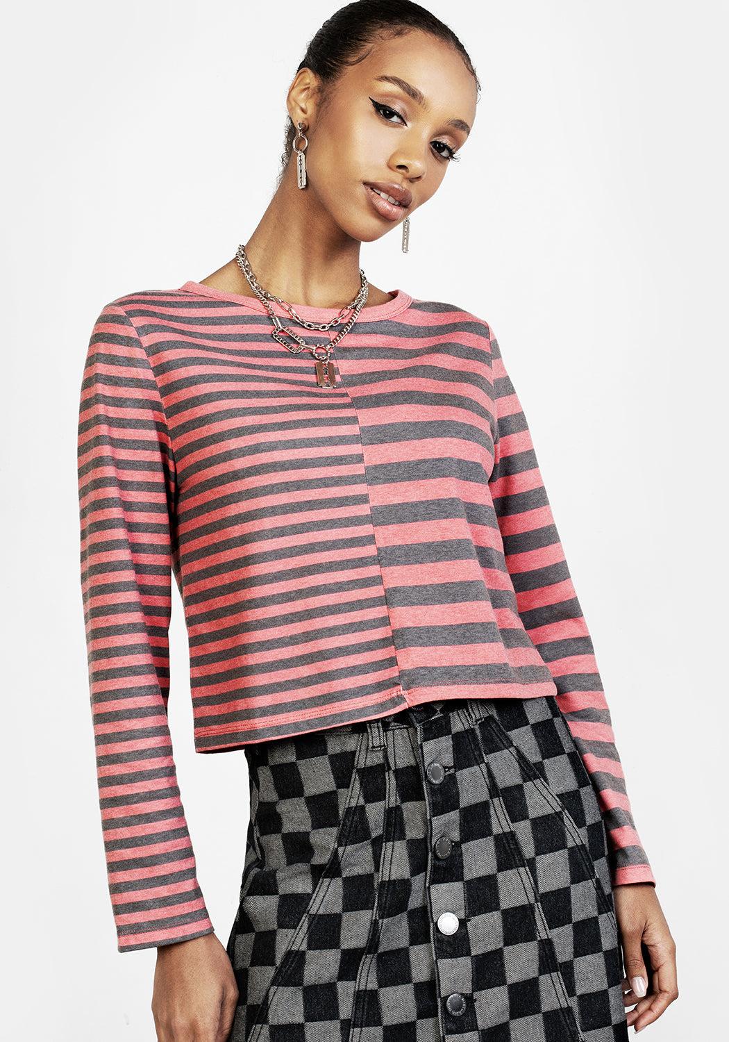 Pink & Grey Striped Long Sleeve T-Shirt | Soft Grunge Crop Top