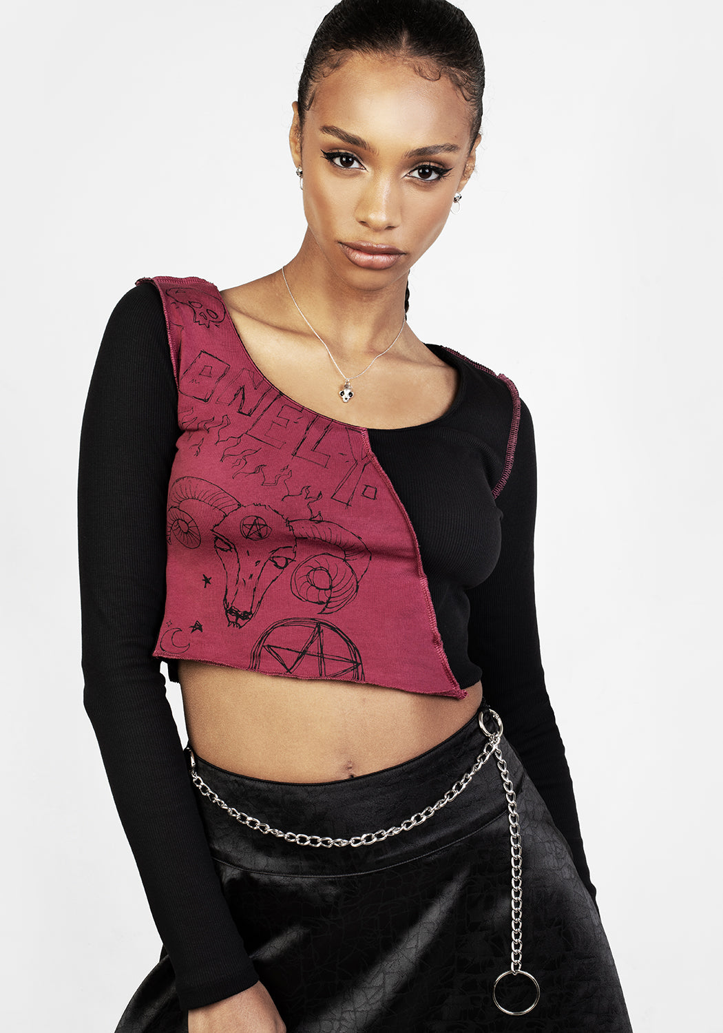 Black & Red Long Sleeve Crop Top with Scoop Neck & Hellfire Print | Paranoid