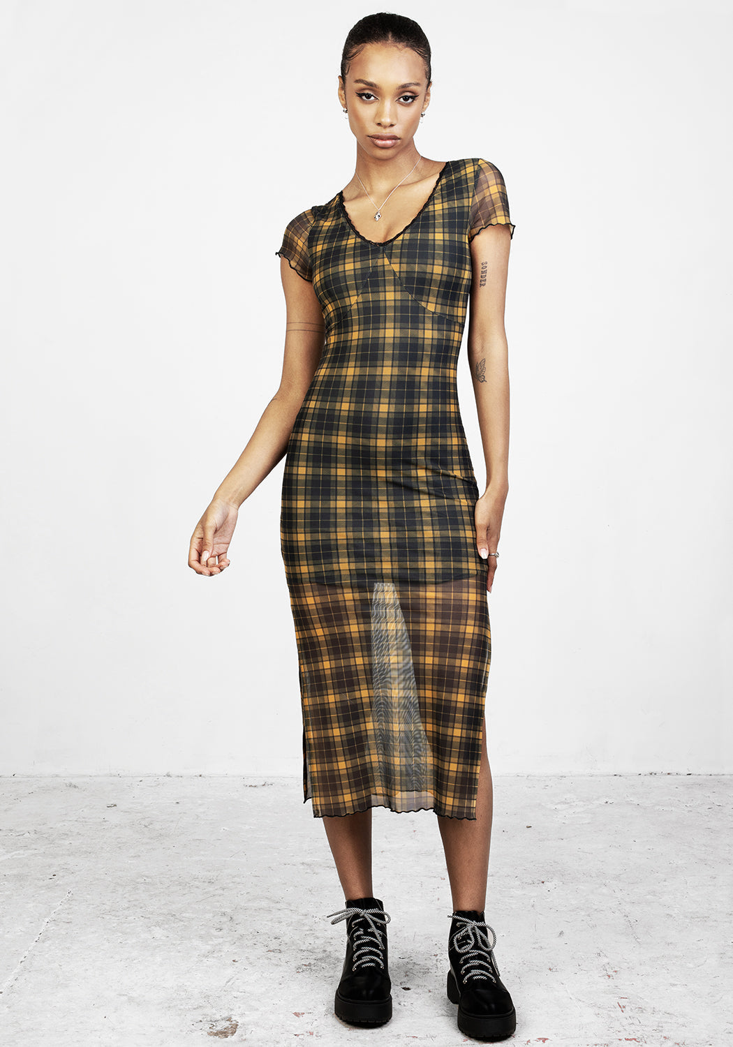 Yellow Tartan Mesh Maxi Dress with Sheer Overlay | Sally