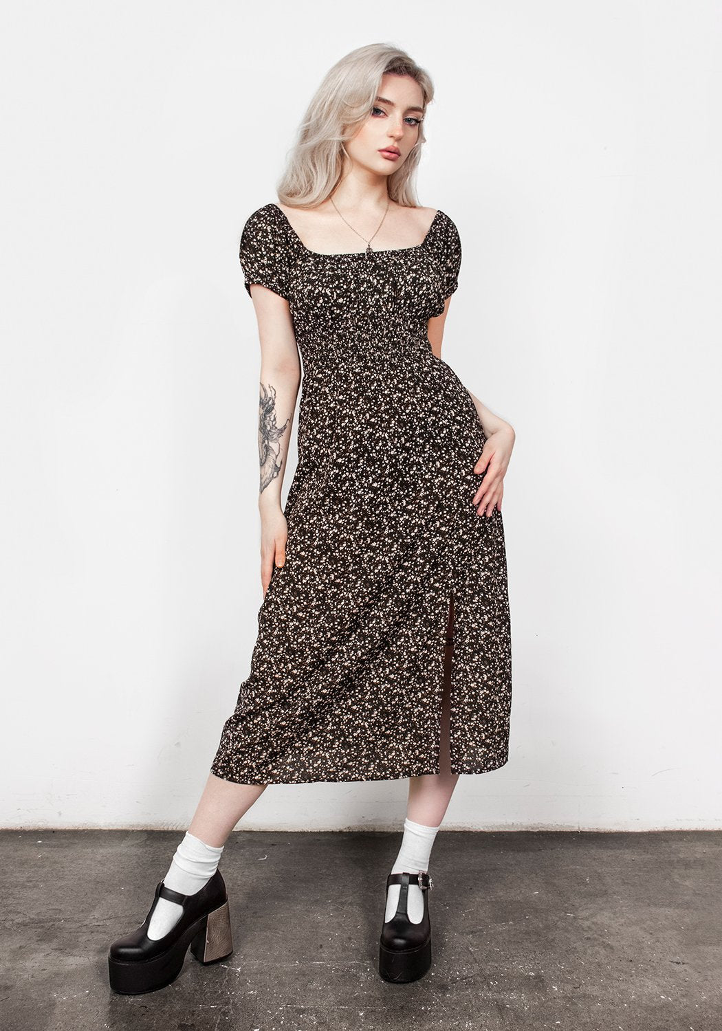 Milkweed Print Bardot Midi Dress with Puff Sleeves | Tanya