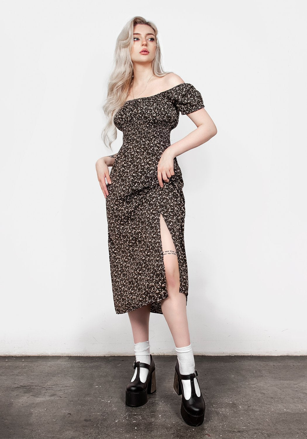 Milkweed Print Bardot Midi Dress with Puff Sleeves | Tanya