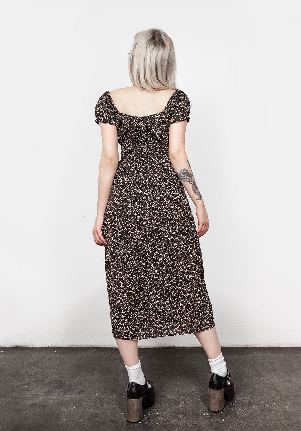 Milkweed Print Bardot Midi Dress with Puff Sleeves | Tanya
