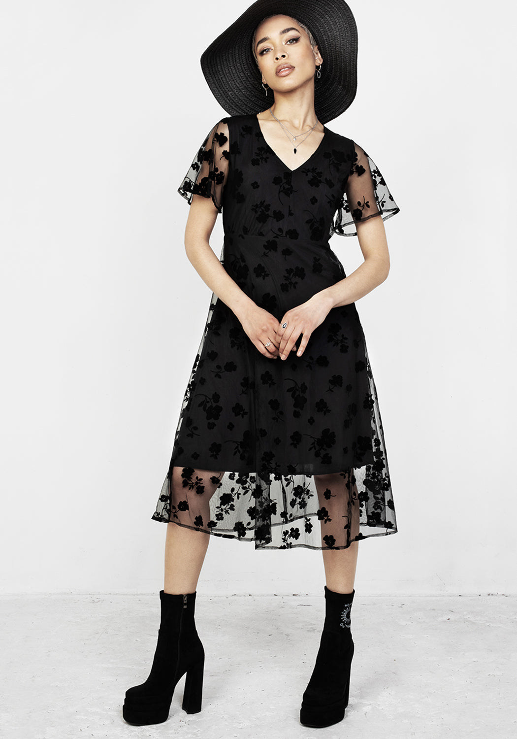 Black Flocked Midi Dress with Sheer Mesh Sleeves | Stevie