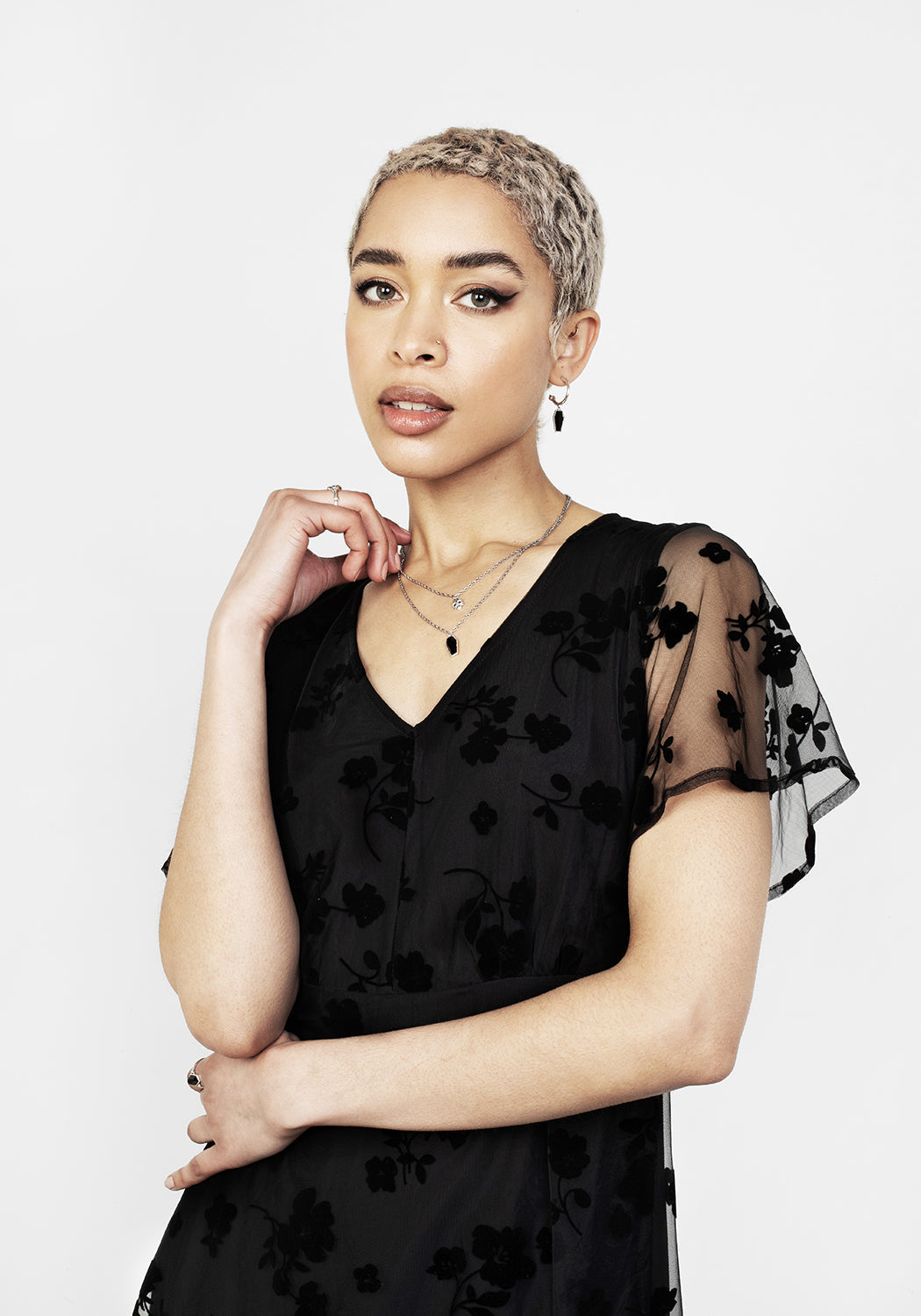 Black Flocked Midi Dress with Sheer Mesh Sleeves | Stevie