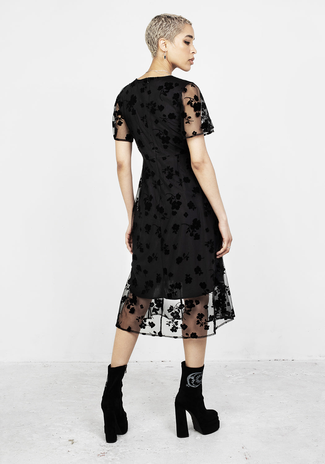 Black Flocked Midi Dress with Sheer Mesh Sleeves | Stevie