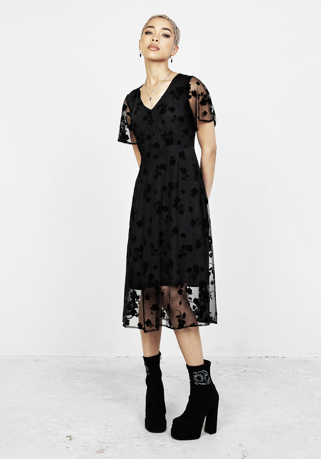Black Flocked Midi Dress with Sheer Mesh Sleeves | Stevie