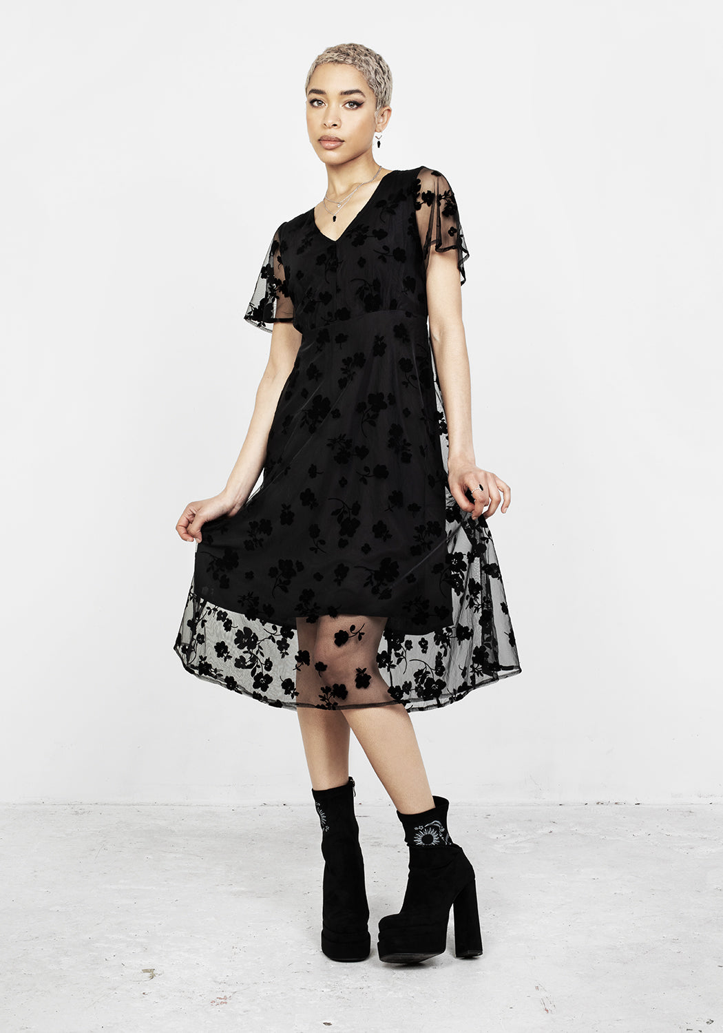Black Flocked Midi Dress with Sheer Mesh Sleeves | Stevie