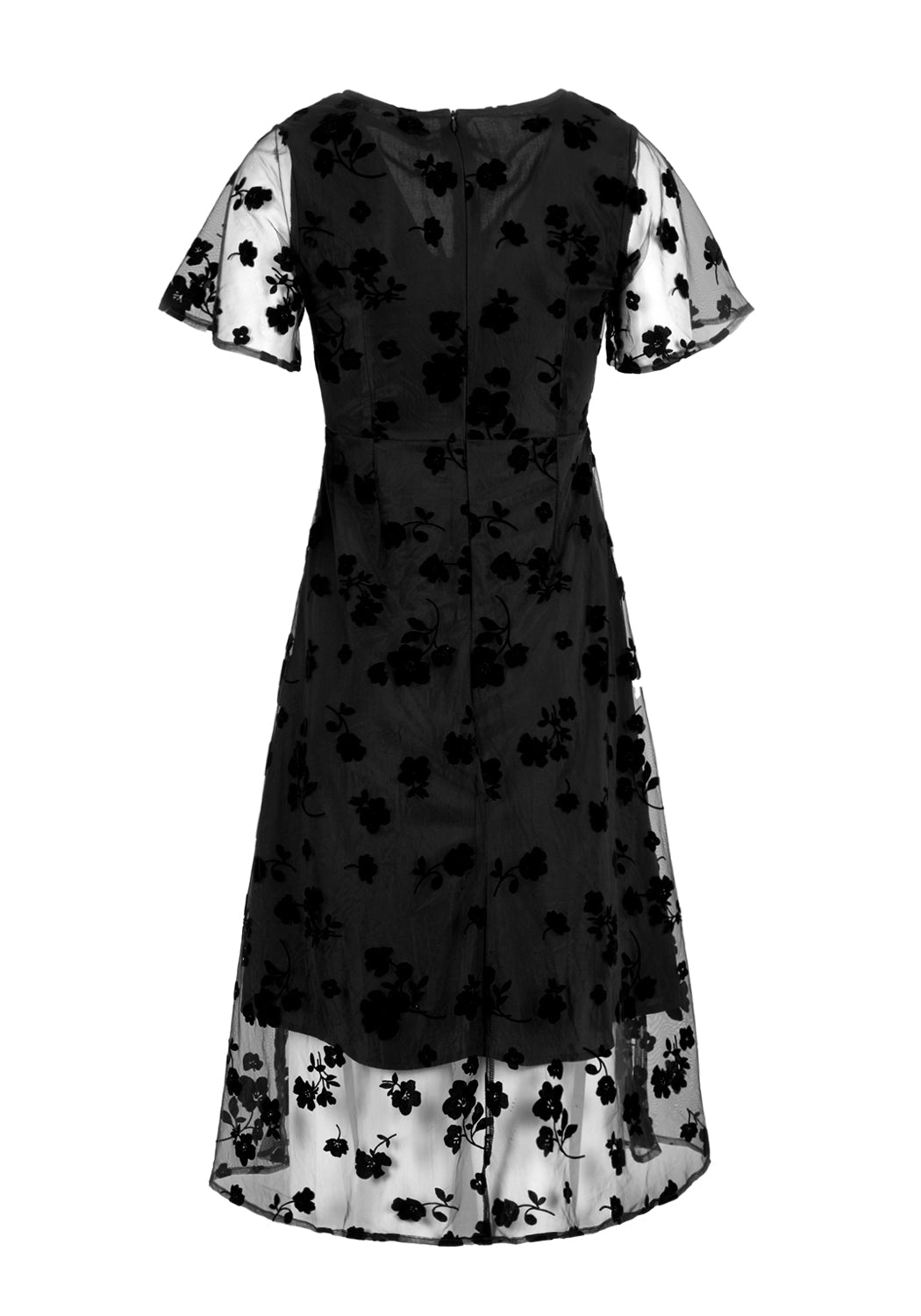 Black Flocked Midi Dress with Sheer Mesh Sleeves | Stevie