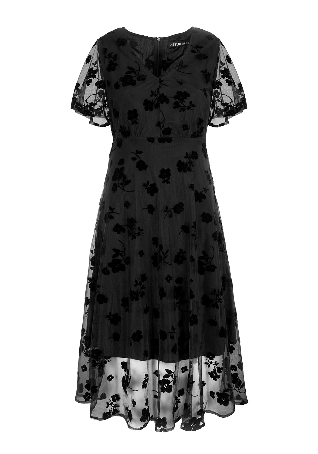 Black Flocked Midi Dress with Sheer Mesh Sleeves | Stevie