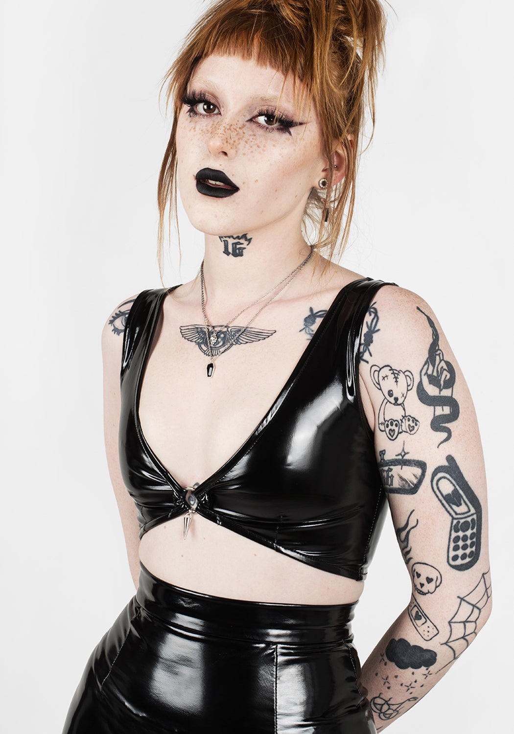 Black Vinyl Crop Top with Silver O-Ring & Back Zipper | Hellbound