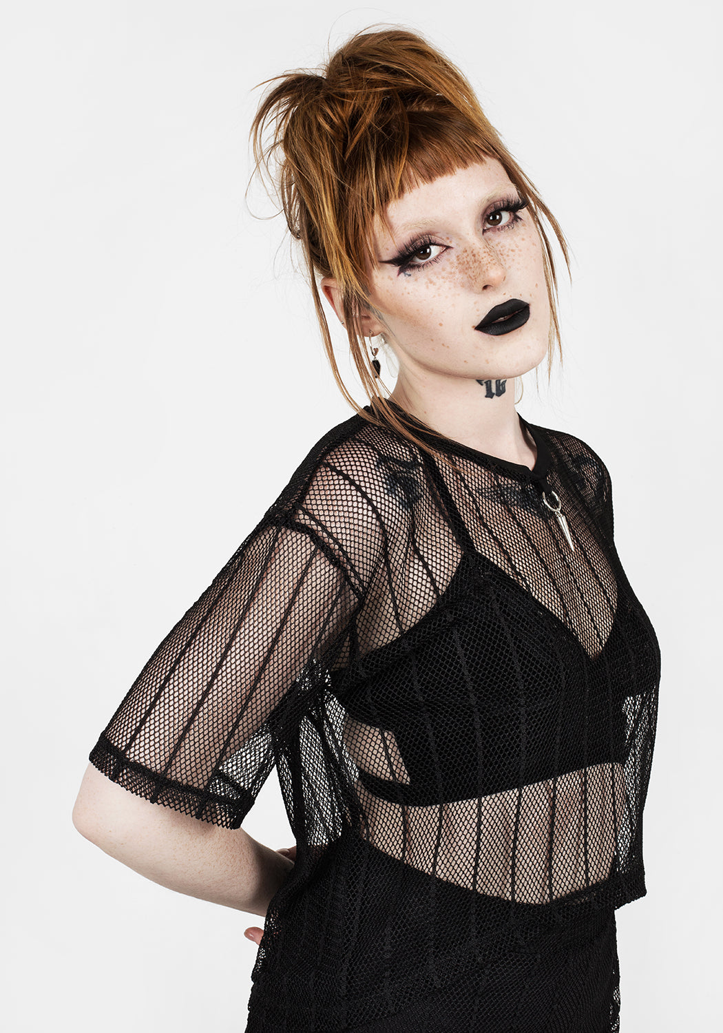 Black Striped Mesh Boxy Crop Top | Relaxed Fit & Dropped Shoulders