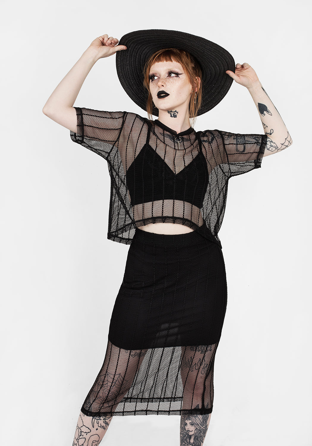 Black Striped Mesh Boxy Crop Top | Relaxed Fit & Dropped Shoulders