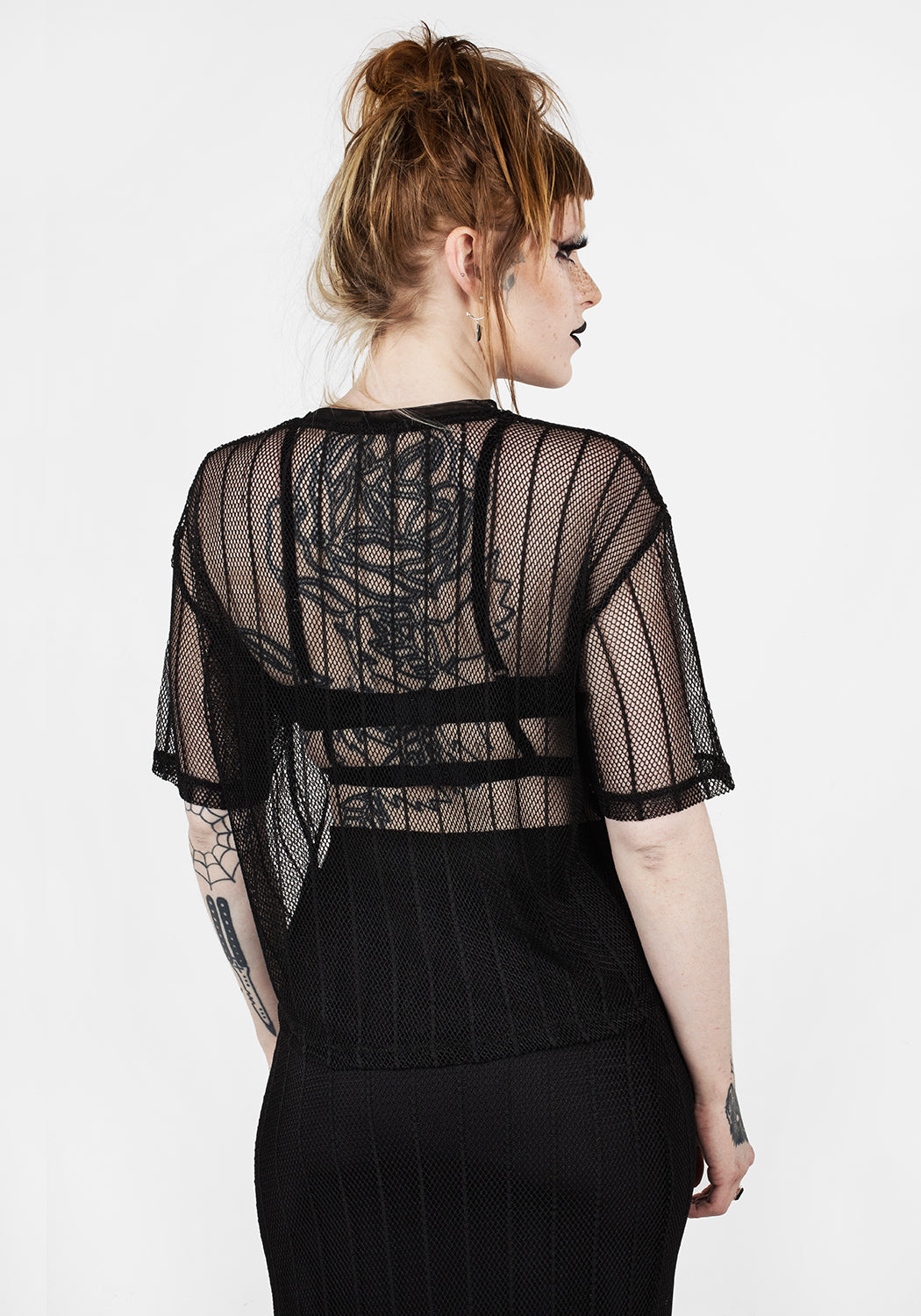 Black Striped Mesh Boxy Crop Top | Relaxed Fit & Dropped Shoulders