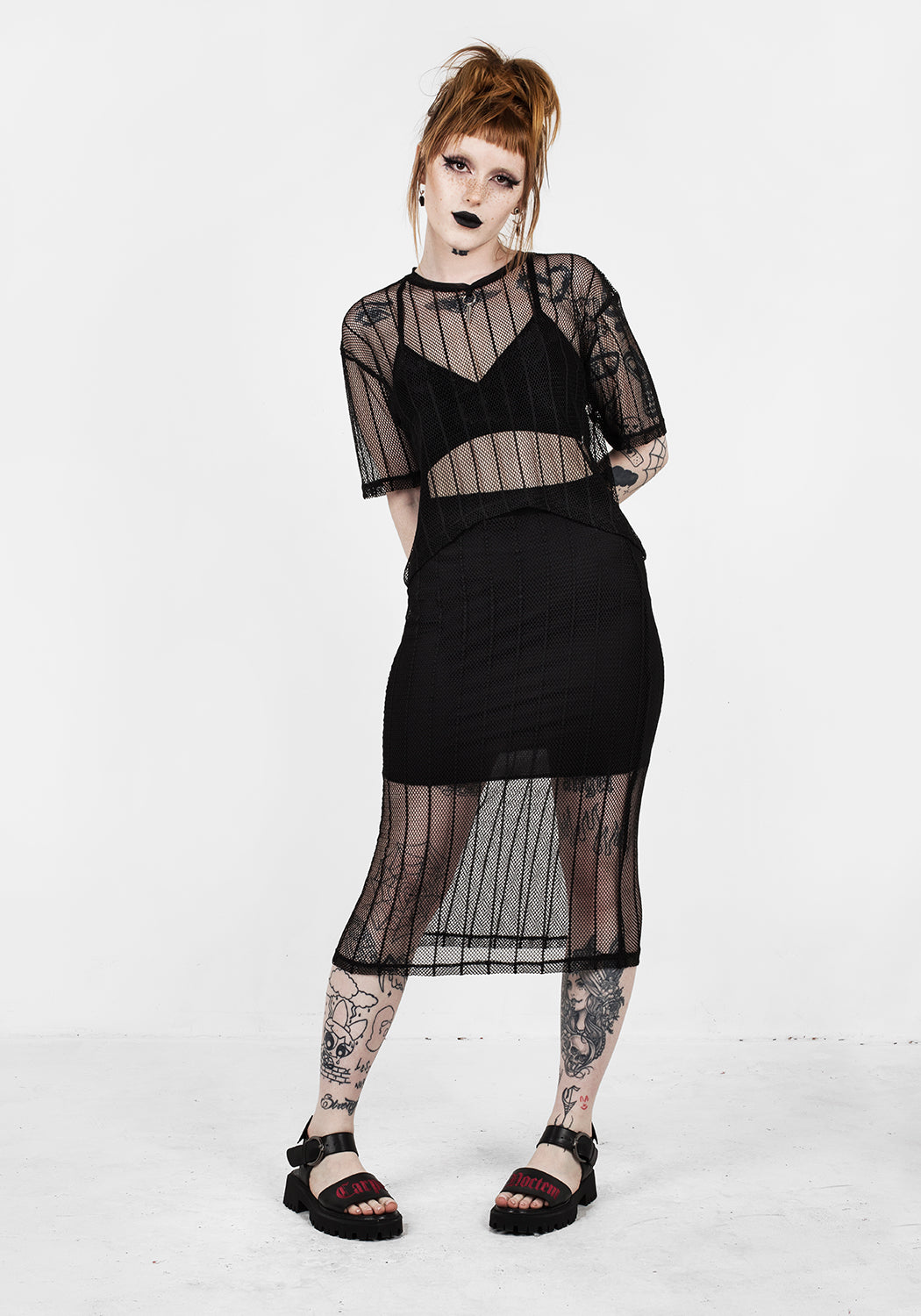 Black Striped Mesh Boxy Crop Top | Relaxed Fit & Dropped Shoulders