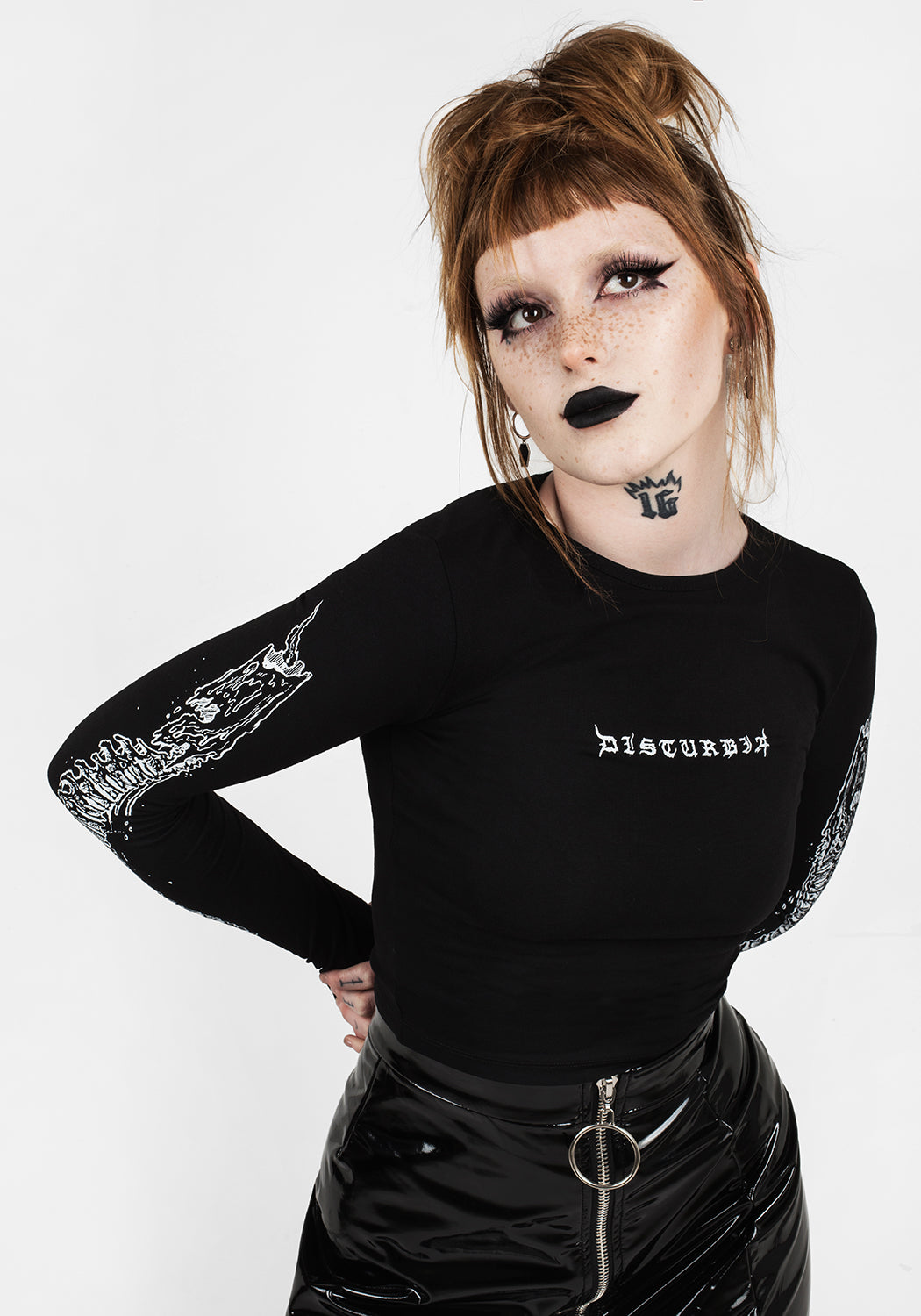 Black Slim Fit Crop Top with Thumb Slits & Long Sleeves | Disturbia x Mark Riddick