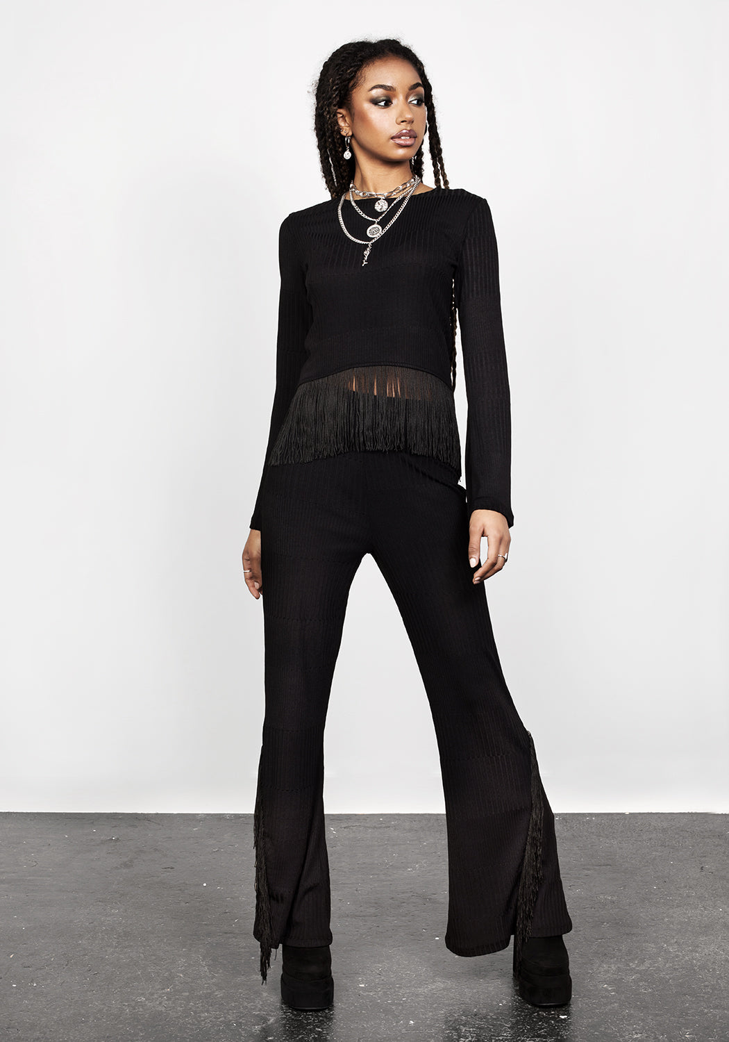 Black Fringed Crop Top with Bell Sleeves | Rhiannon Jersey