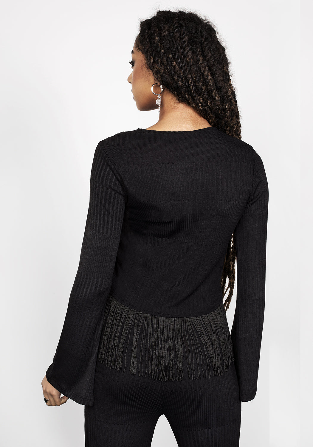 Black Fringed Crop Top with Bell Sleeves | Rhiannon Jersey