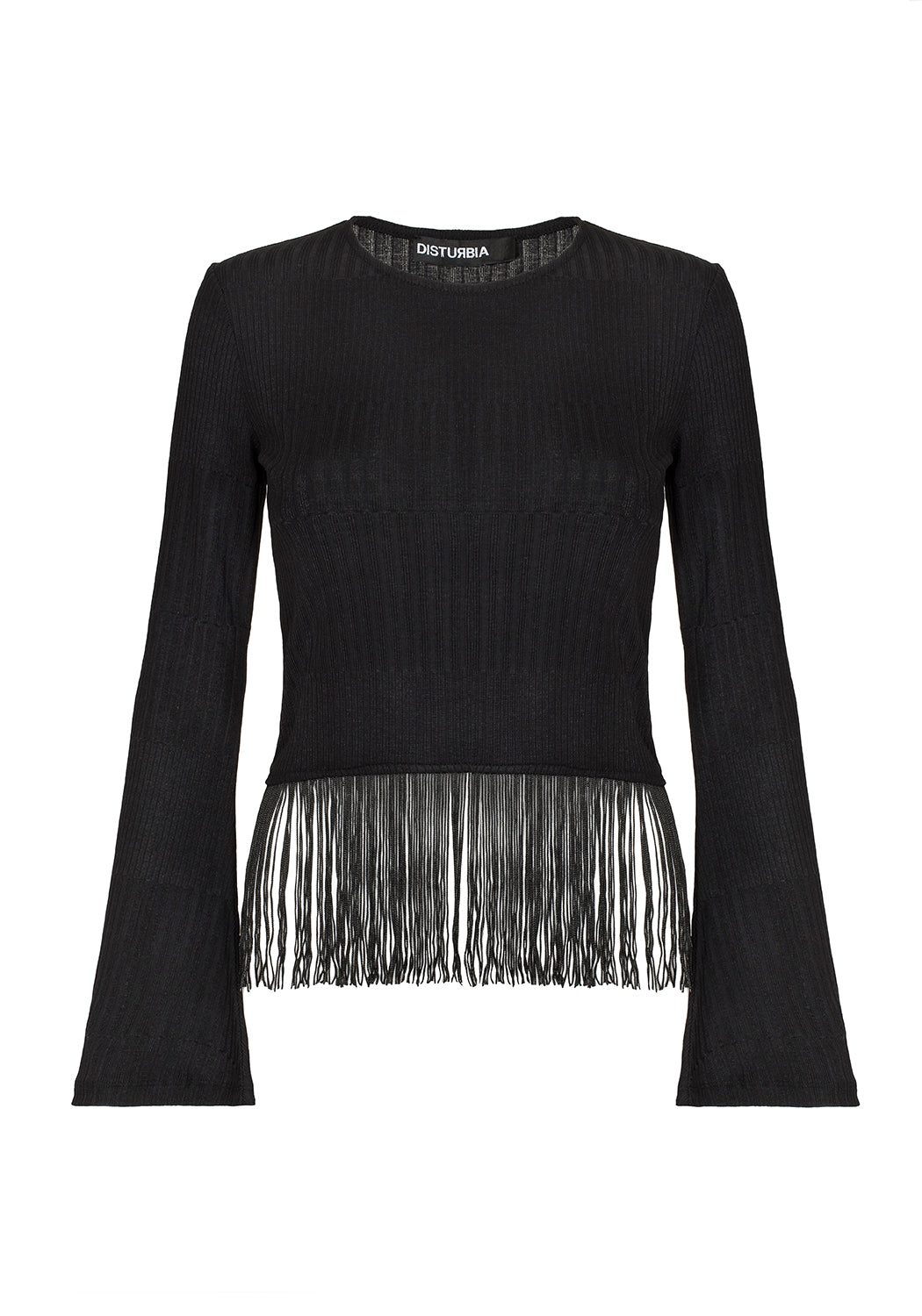 Black Fringed Crop Top with Bell Sleeves | Rhiannon Jersey