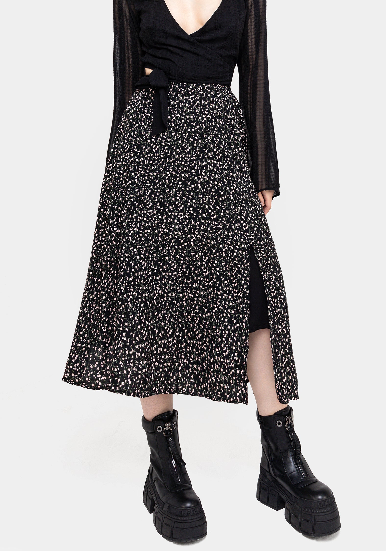 Floral Midi Skirt with Side Split & Elastic Waist | Valley