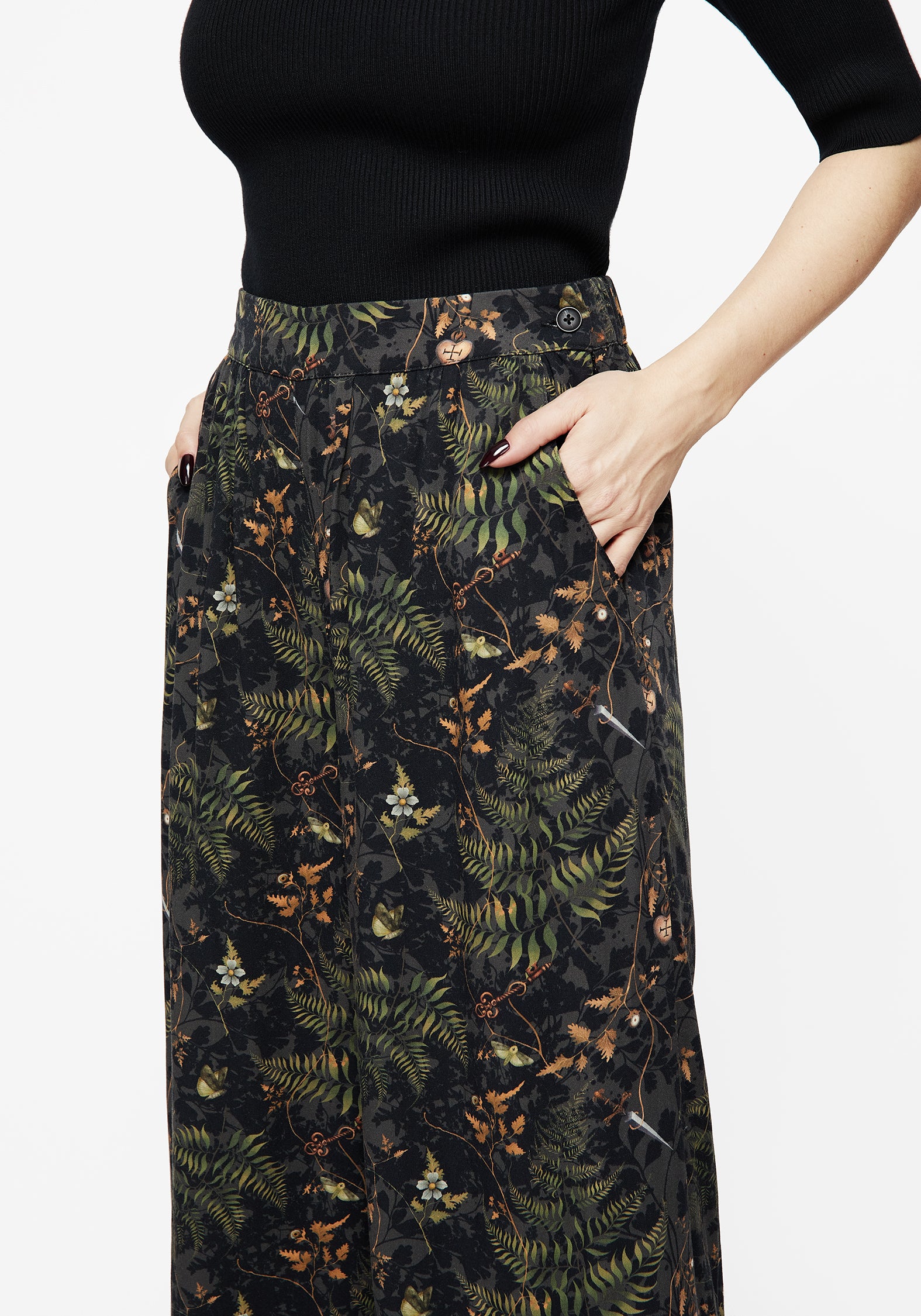 Fern Print Wide Leg Trousers with Elastic Waistband & Pockets
