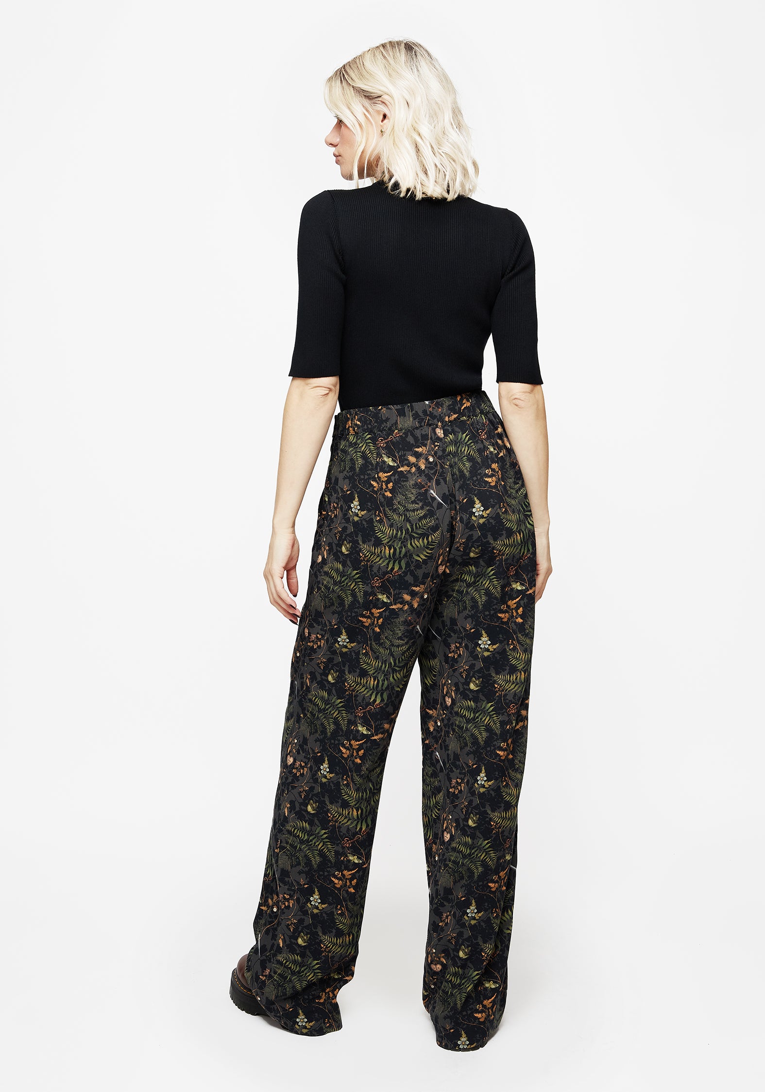 Fern Print Wide Leg Trousers with Elastic Waistband & Pockets