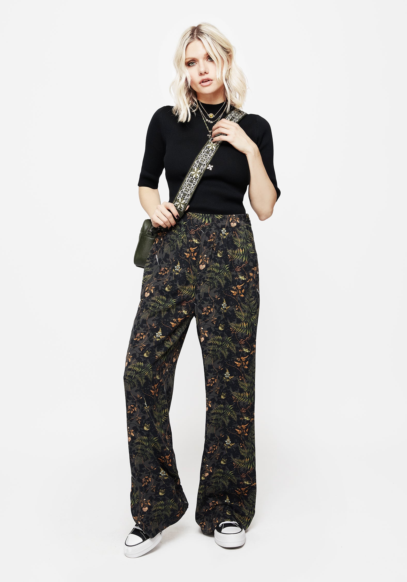 Fern Print Wide Leg Trousers with Elastic Waistband & Pockets