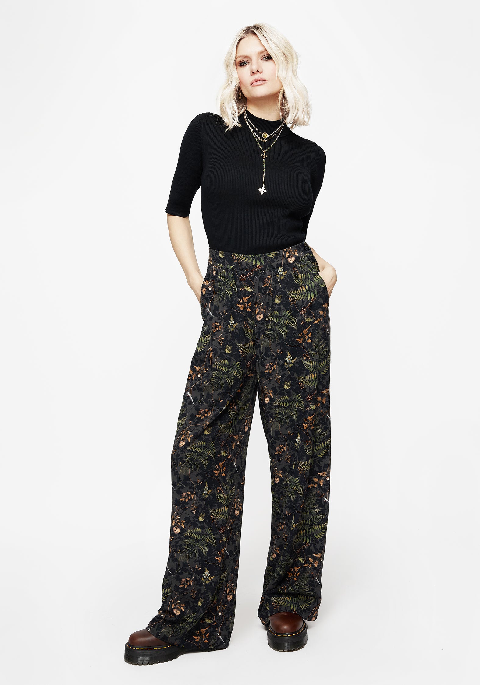 Fern Print Wide Leg Trousers with Elastic Waistband & Pockets