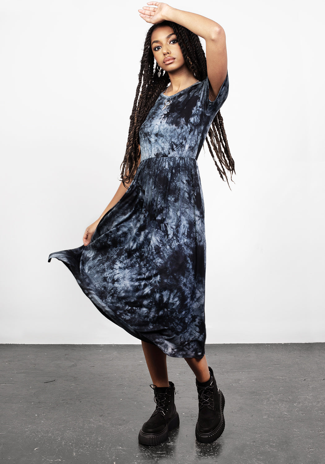 Tie-Dye Midi Skater Dress with Pockets & Silver Ring | Draconic