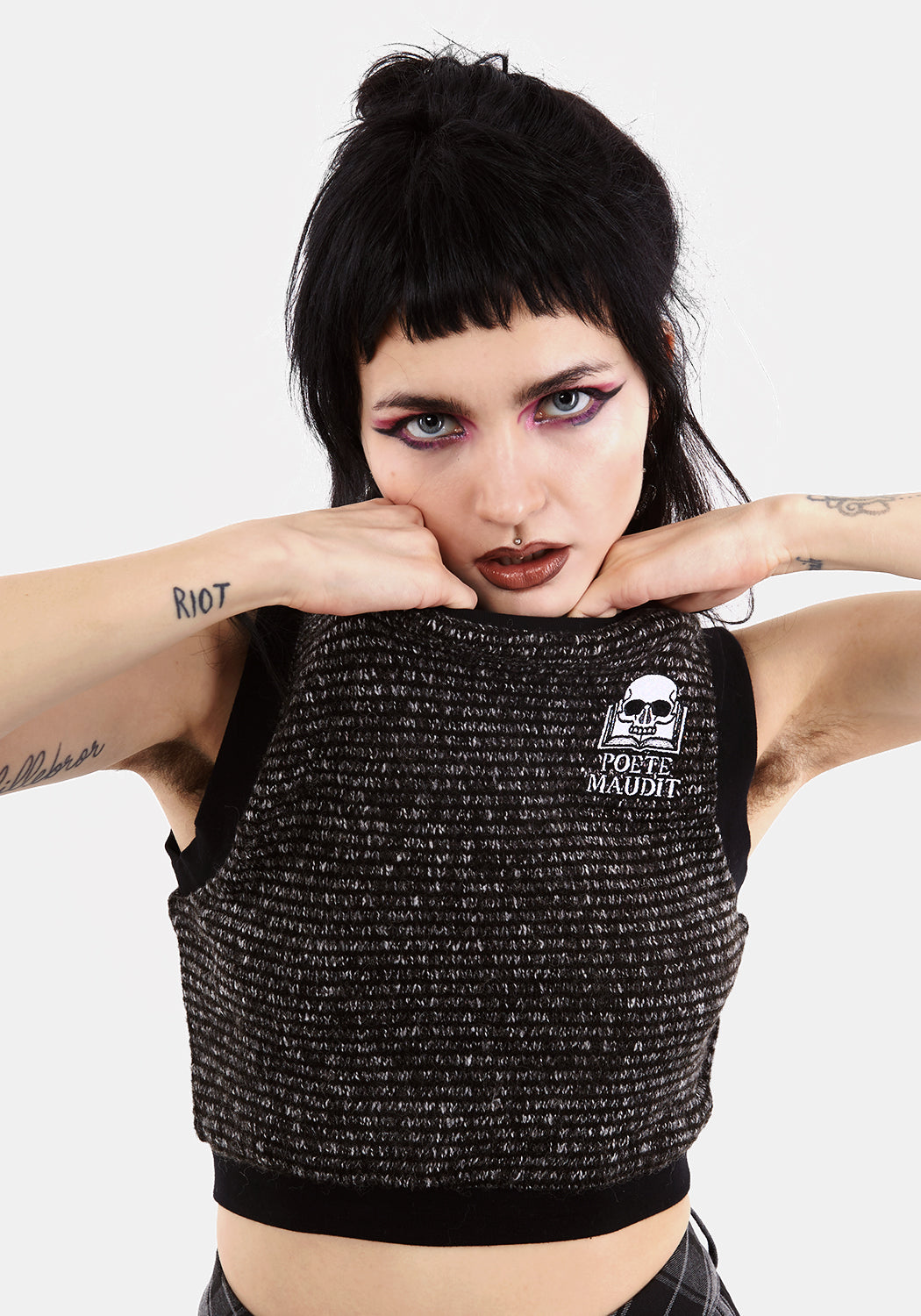 Black & Grey Knitted Vest with Poete Maudit Embroidery | Cultish