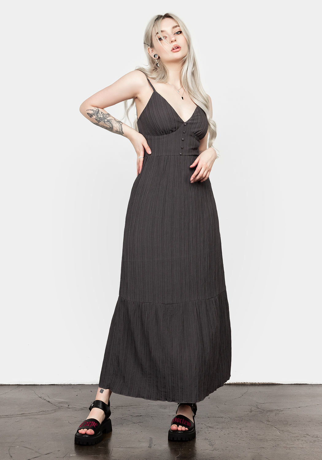 Grey Tiered Midi Dress with Adjustable Straps & V-Neckline | Guinevere Gown