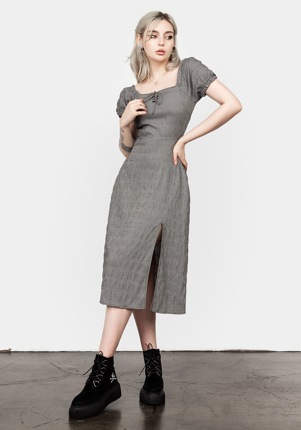 Gingham Lace-Up Midi Dress with Puff Sleeves & Side Split | Elvina