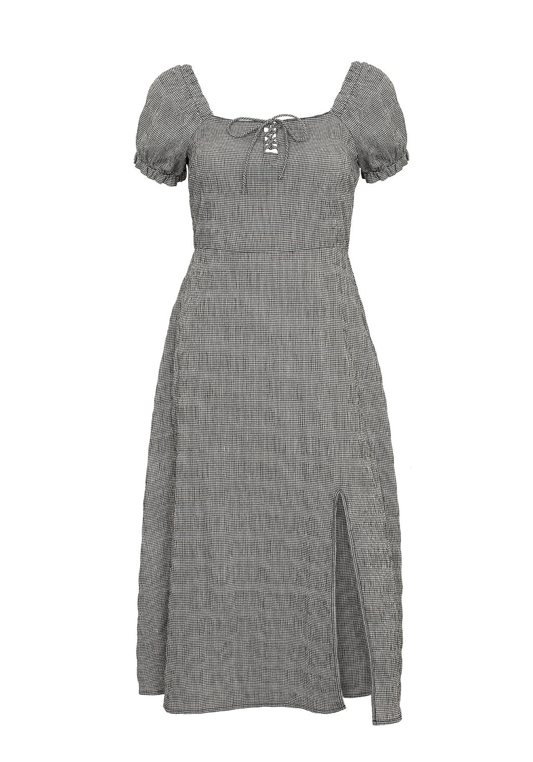 Gingham Lace-Up Midi Dress with Puff Sleeves & Side Split | Elvina