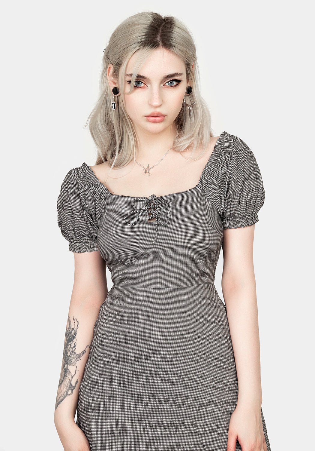Gingham Lace-Up Midi Dress with Puff Sleeves & Side Split | Elvina