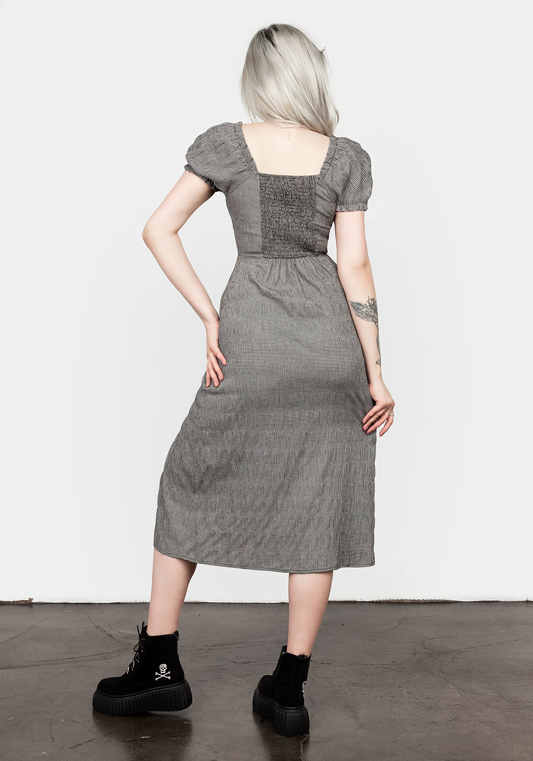 Gingham Lace-Up Midi Dress with Puff Sleeves & Side Split | Elvina