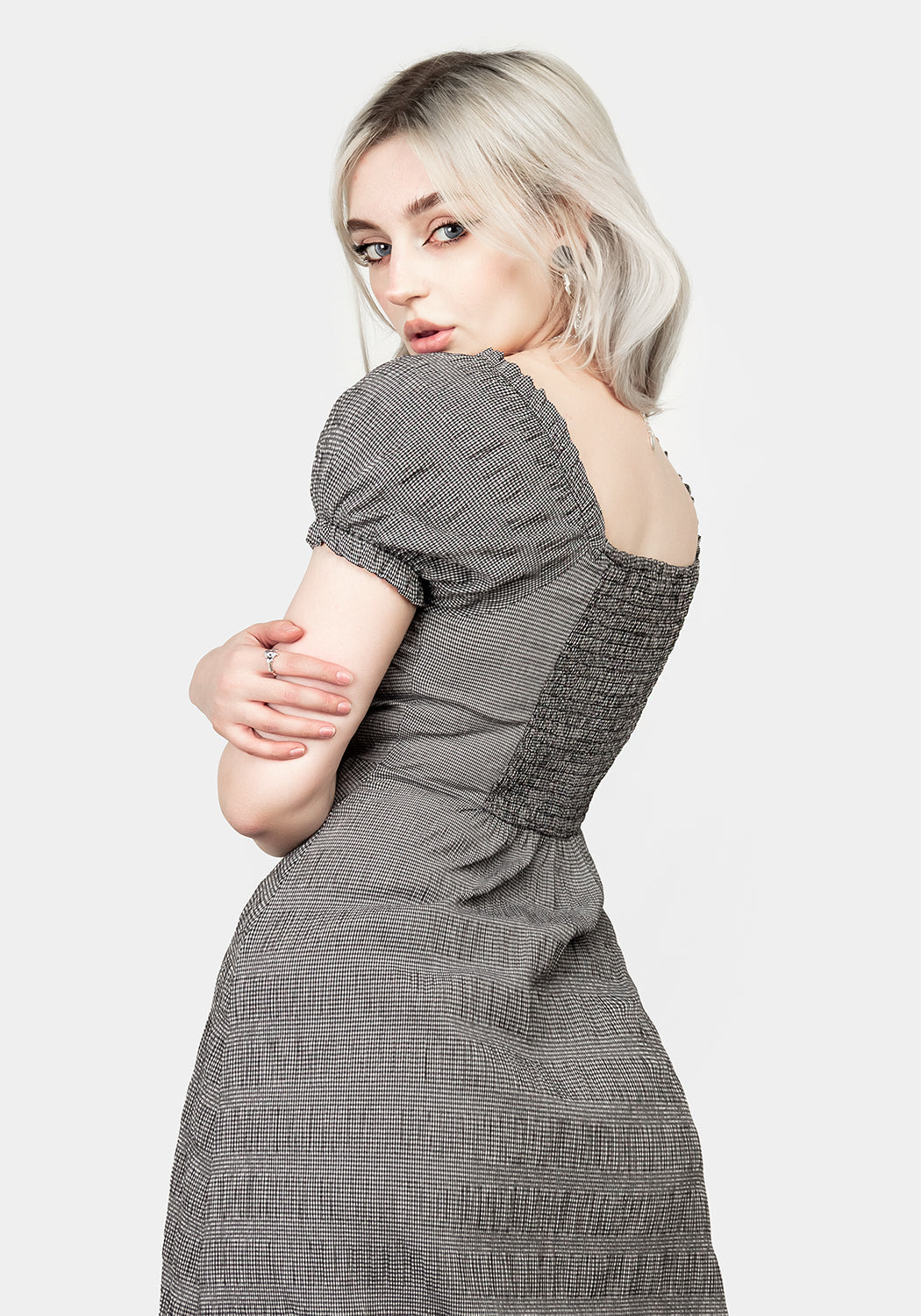 Gingham Lace-Up Midi Dress with Puff Sleeves & Side Split | Elvina