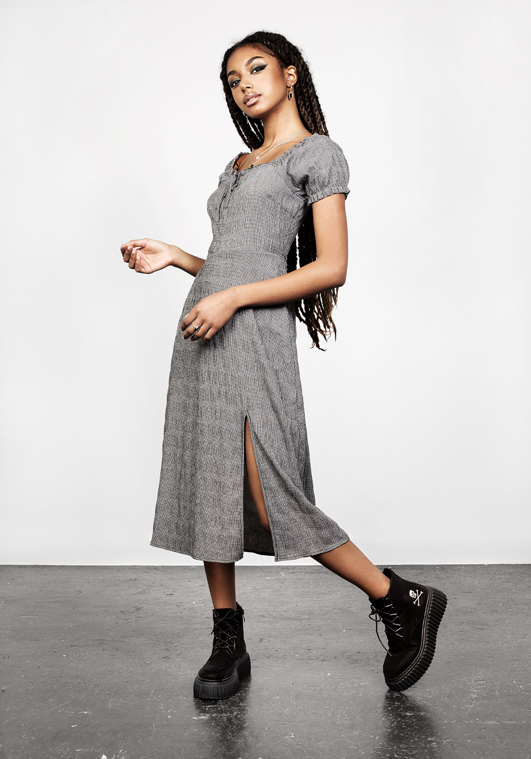 Gingham Lace-Up Midi Dress with Puff Sleeves & Side Split | Elvina