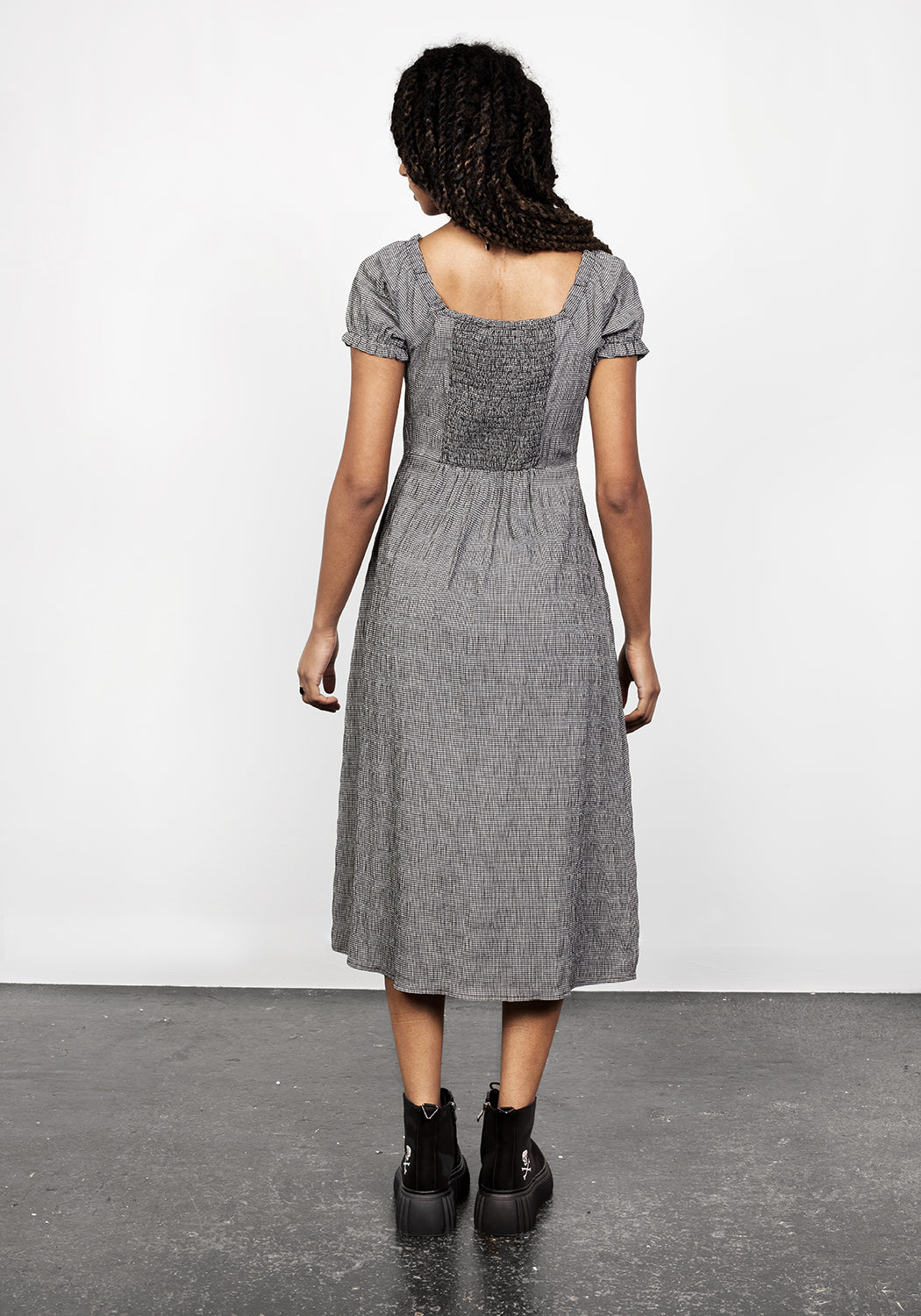 Gingham Lace-Up Midi Dress with Puff Sleeves & Side Split | Elvina
