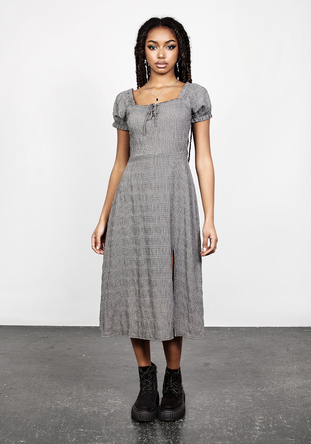 Gingham Lace-Up Midi Dress with Puff Sleeves & Side Split | Elvina