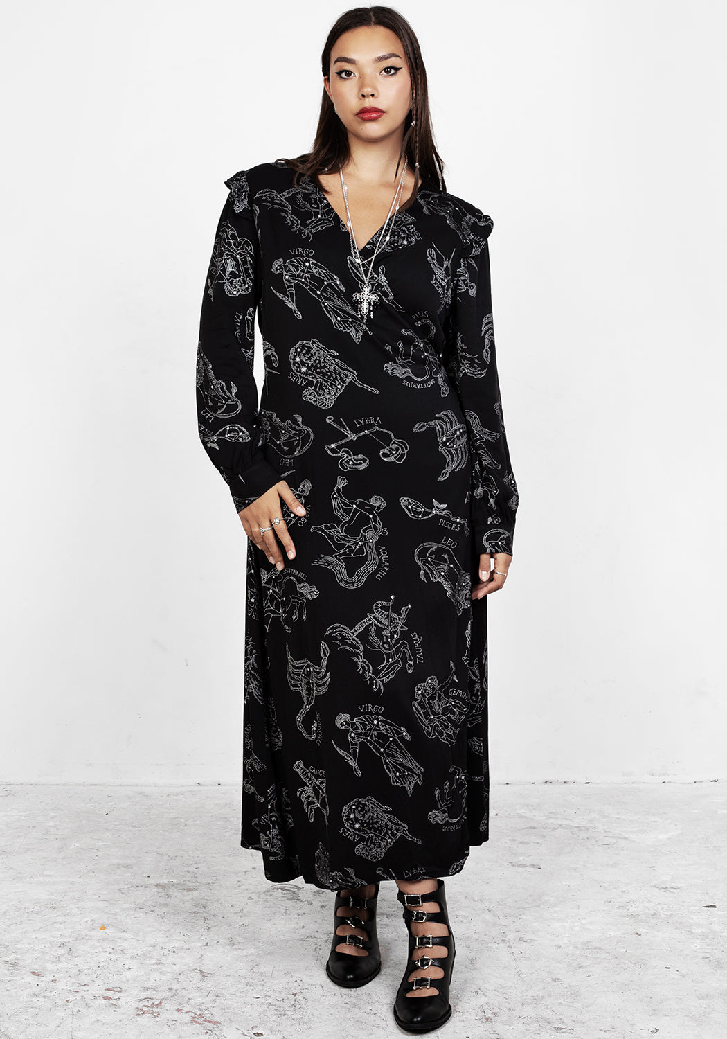 Black Long Sleeve Maxi Wrap Dress with Zodiac Print | Rayon