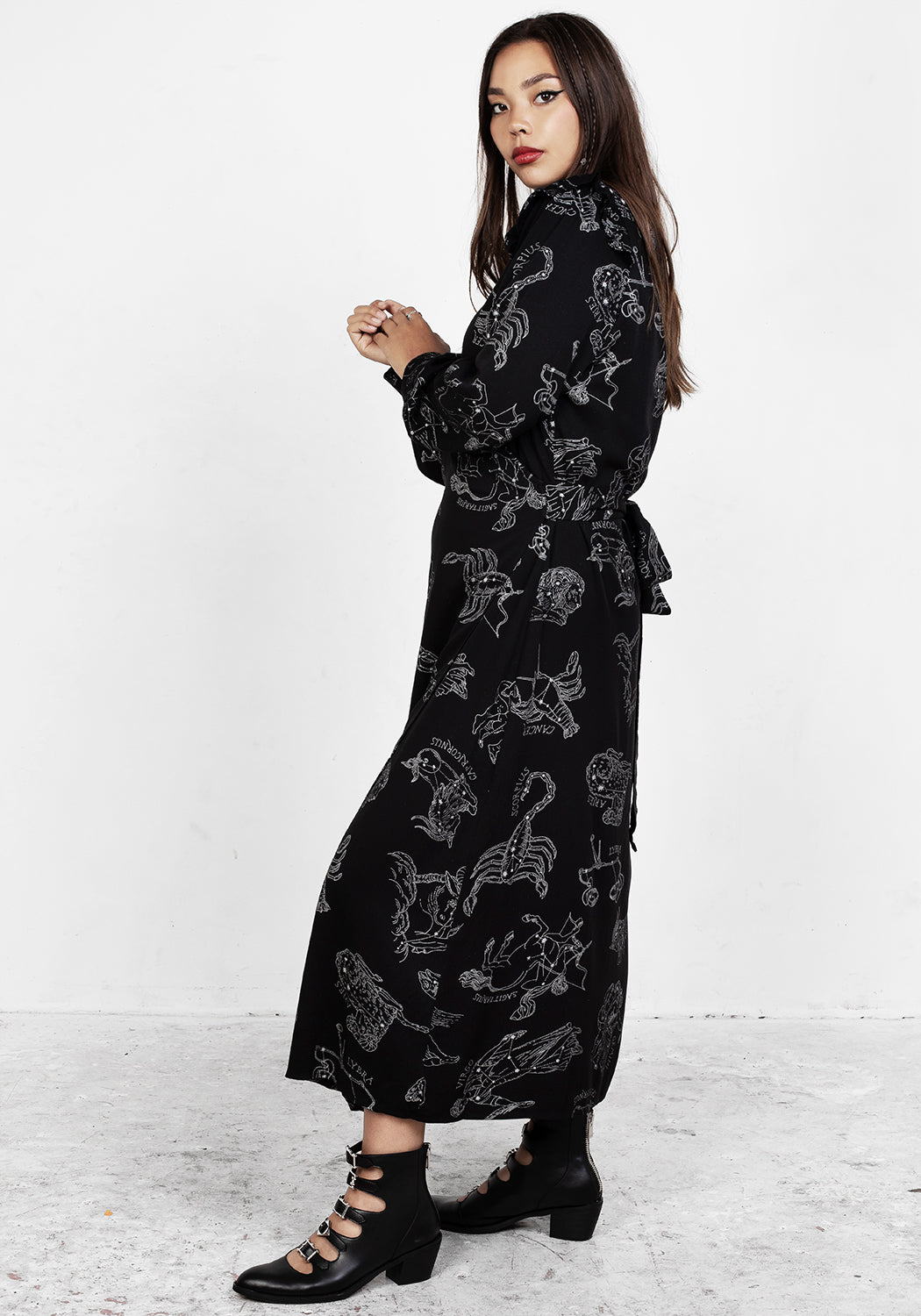 Black Long Sleeve Maxi Wrap Dress with Zodiac Print | Rayon