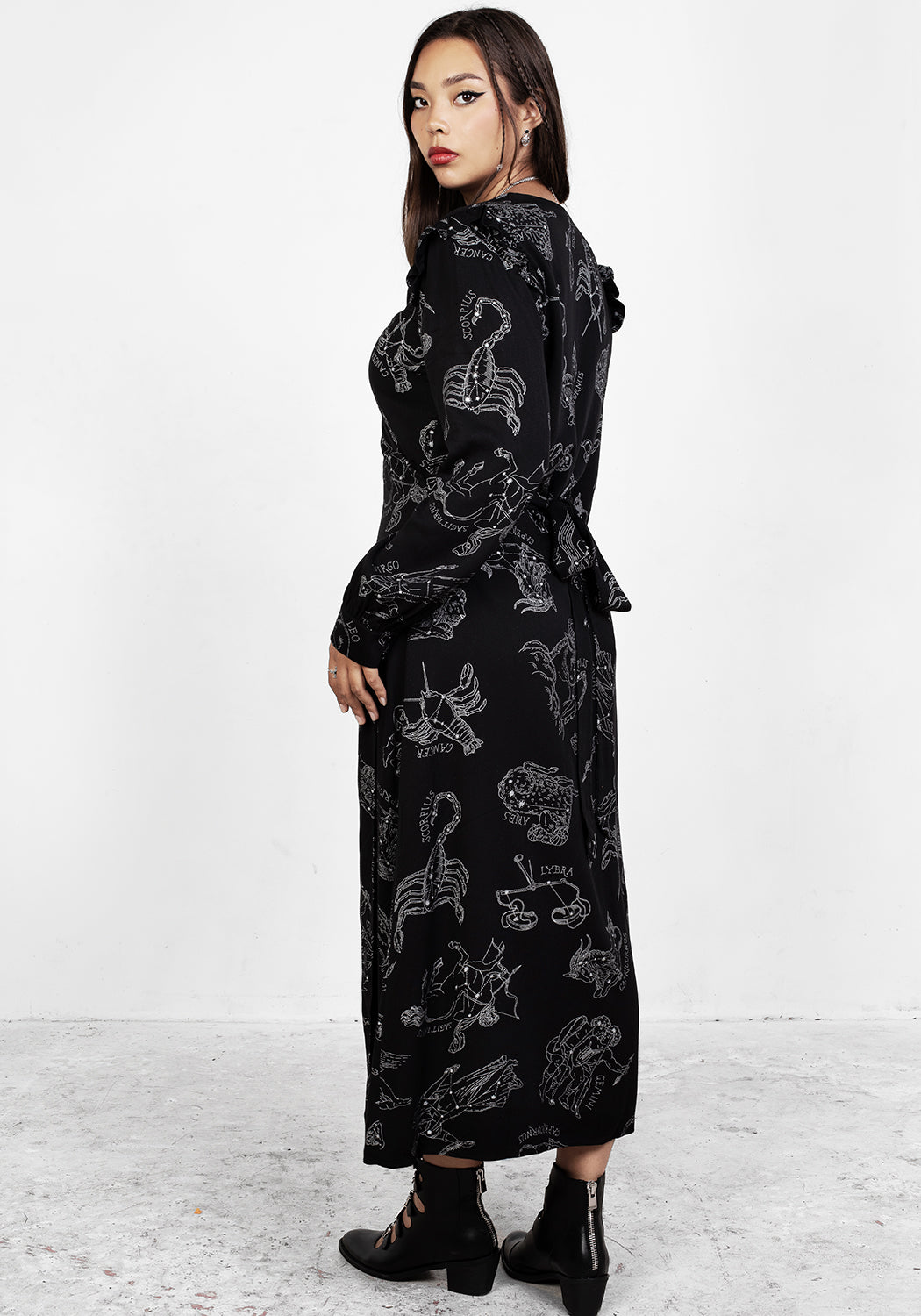 Black Long Sleeve Maxi Wrap Dress with Zodiac Print | Rayon