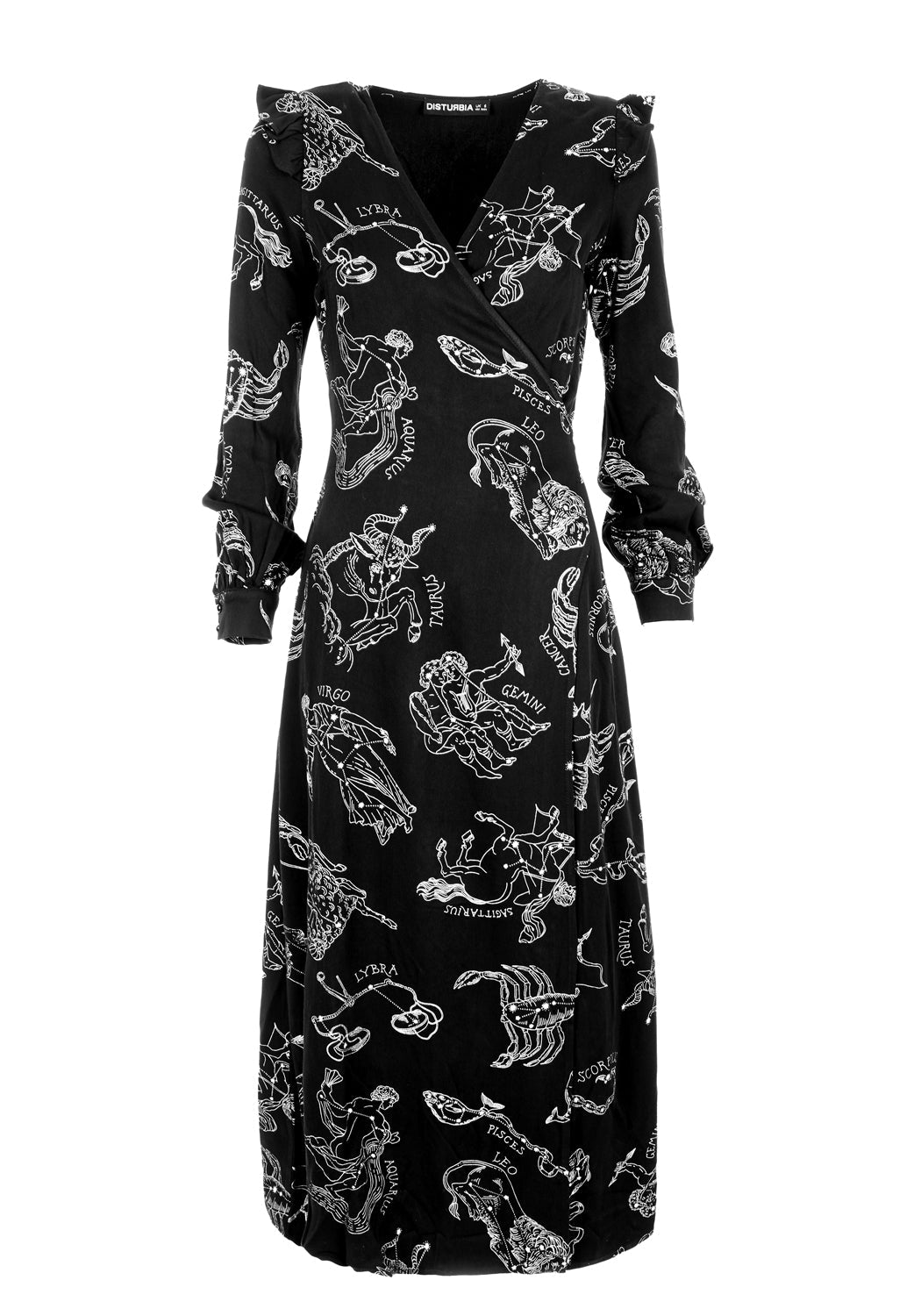 Black Long Sleeve Maxi Wrap Dress with Zodiac Print | Rayon