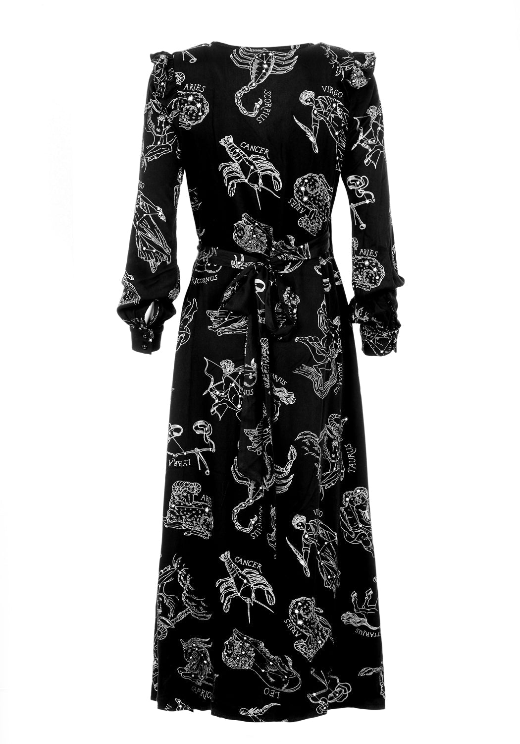 Black Long Sleeve Maxi Wrap Dress with Zodiac Print | Rayon