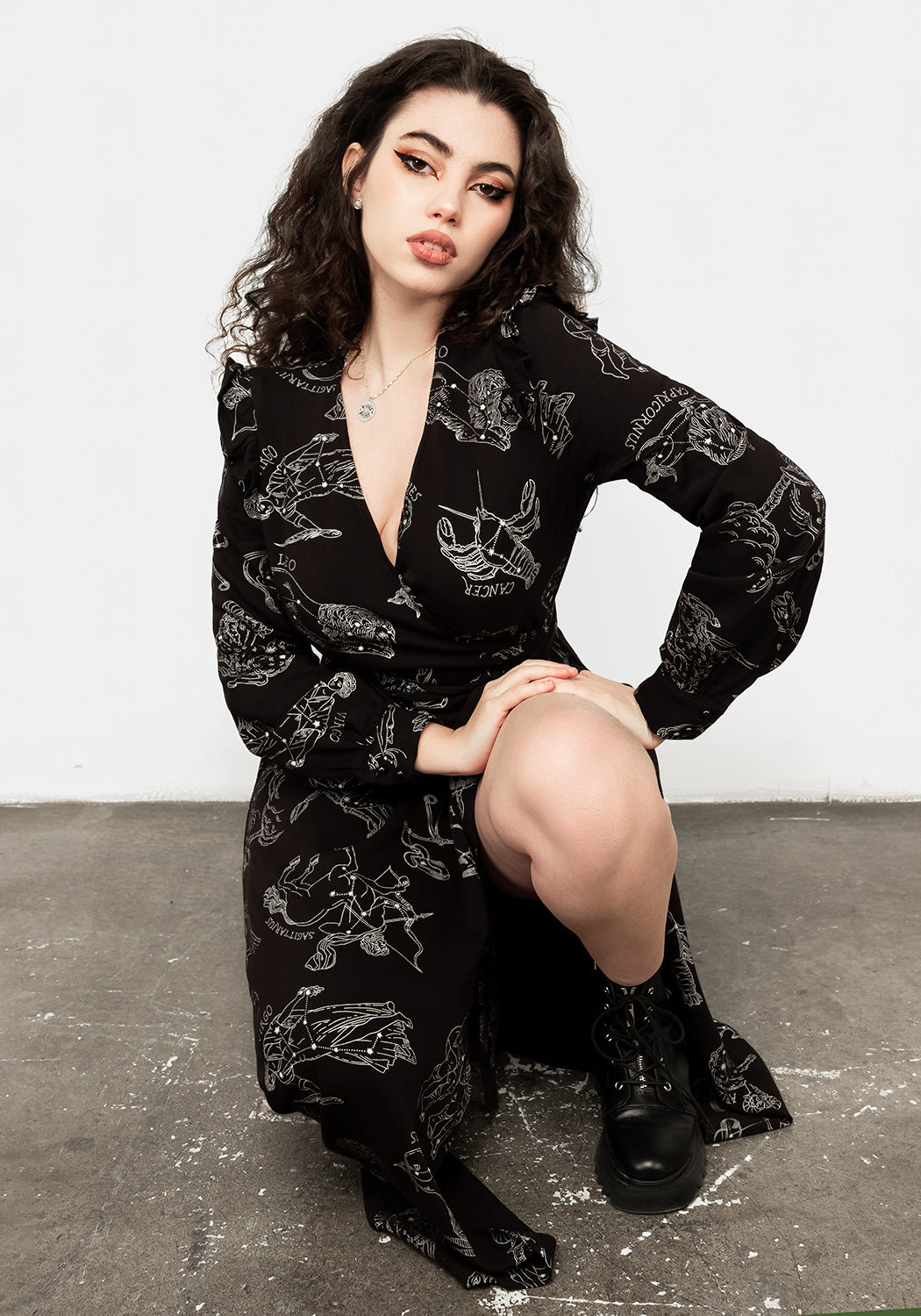 Black Long Sleeve Maxi Wrap Dress with Zodiac Print | Rayon